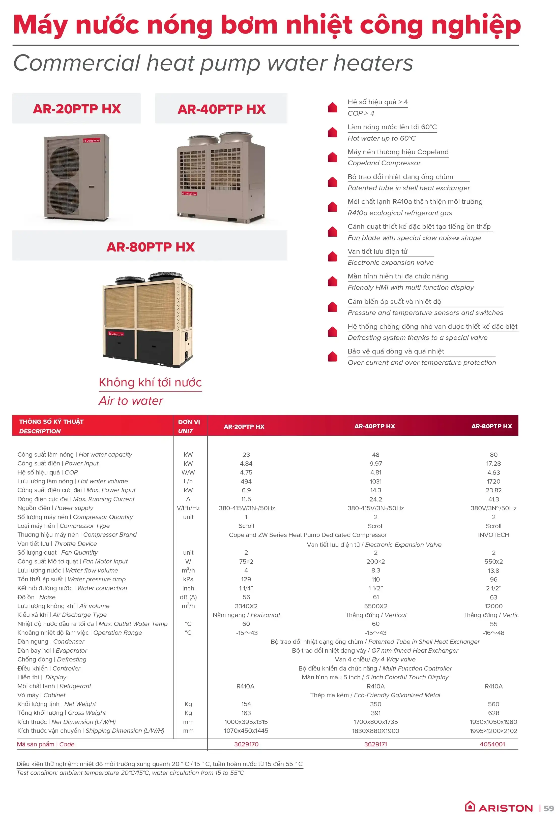 ar-80ptp hx ariston heat pump nước nóng trung tâm 48kw