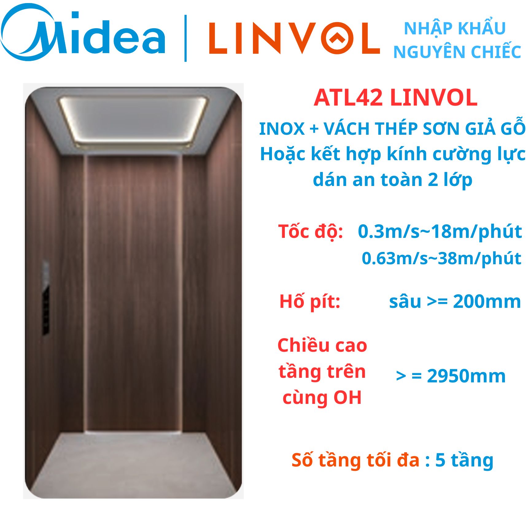 ATL42 LINVOL MIDEA Thang máy nhập khẩu - Inox kết hợp vách thép sơn giả gỗ óc chó