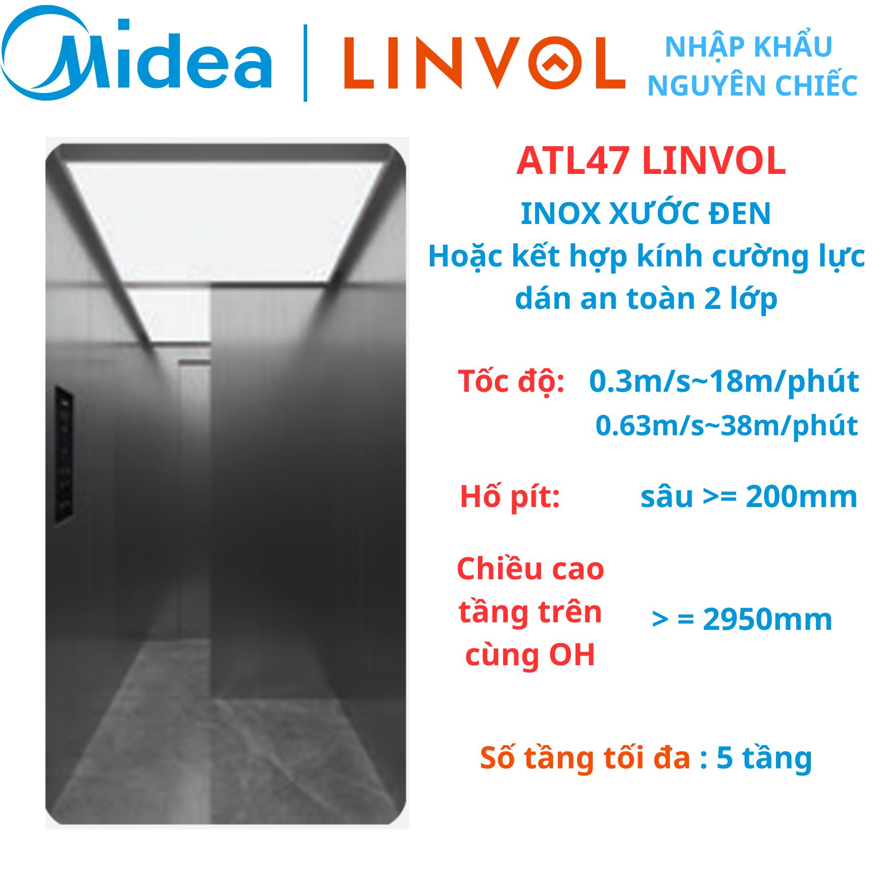 ATL47 LINVOL MIDEA Thang máy nhập khẩu - INOX XƯỚC ĐEN