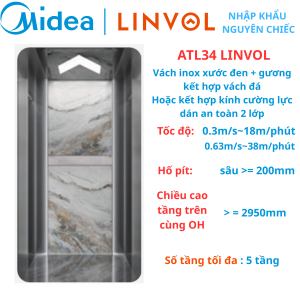 ATL34 LINVOL MIDEA Thang máy nhập khẩu - Vách inox xước đen + gương kết hợp vách đá